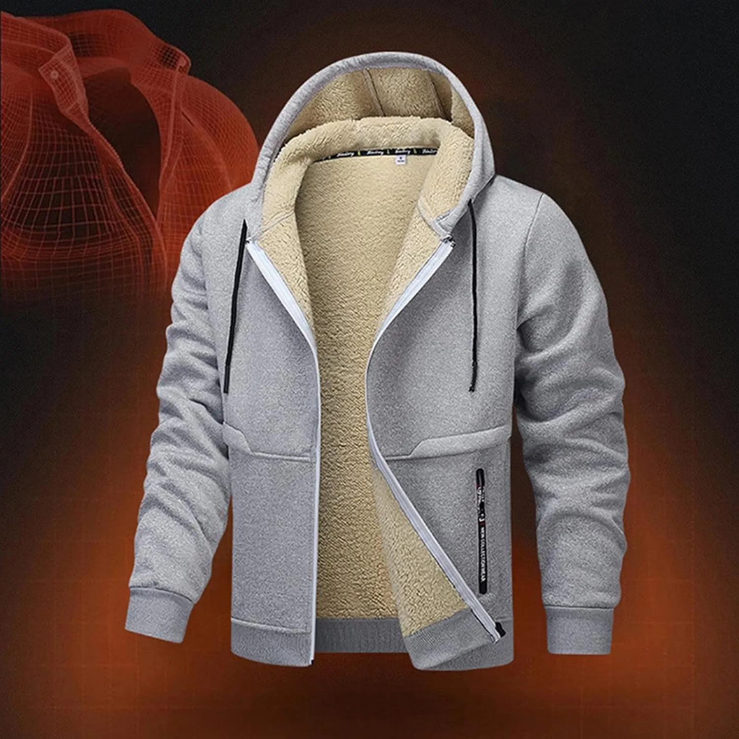 Men's Fleece Lined Hoodie Jacket Sherpa Lining Warm Winter Hooded Coat Zip Up Casual Jacket Cozy Outdoor Wear Coats