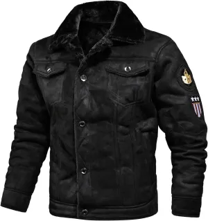 Men's Lambskin Leather Motorcycle Jacket Sherpa Fleece Lined Lapel Trucker Jackets Winter Thicken Warm Coat with Fur Collar