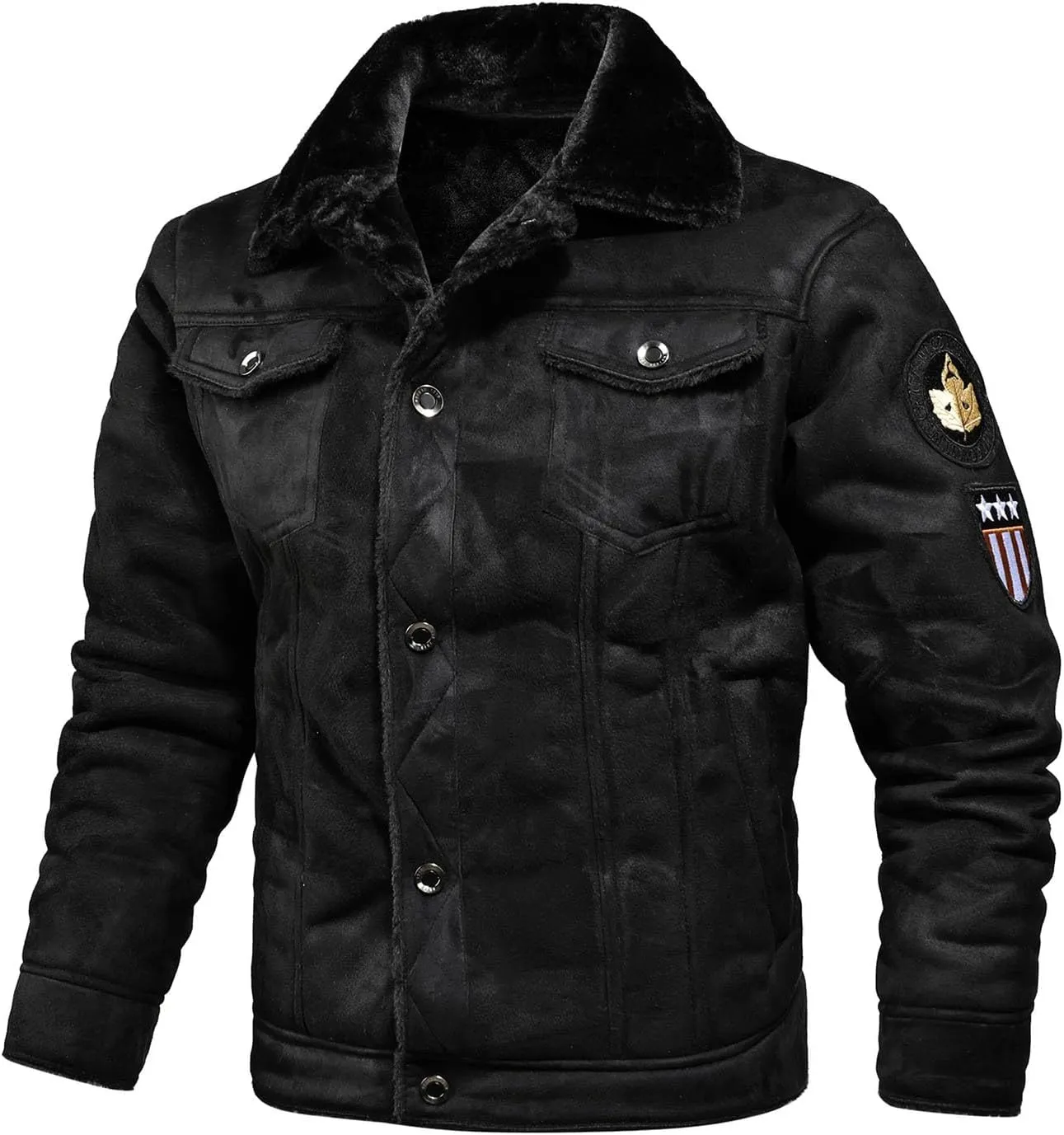 Men's Lambskin Leather Motorcycle Jacket Sherpa Fleece Lined Lapel Trucker Jackets Winter Thicken Warm Coat with Fur Collar