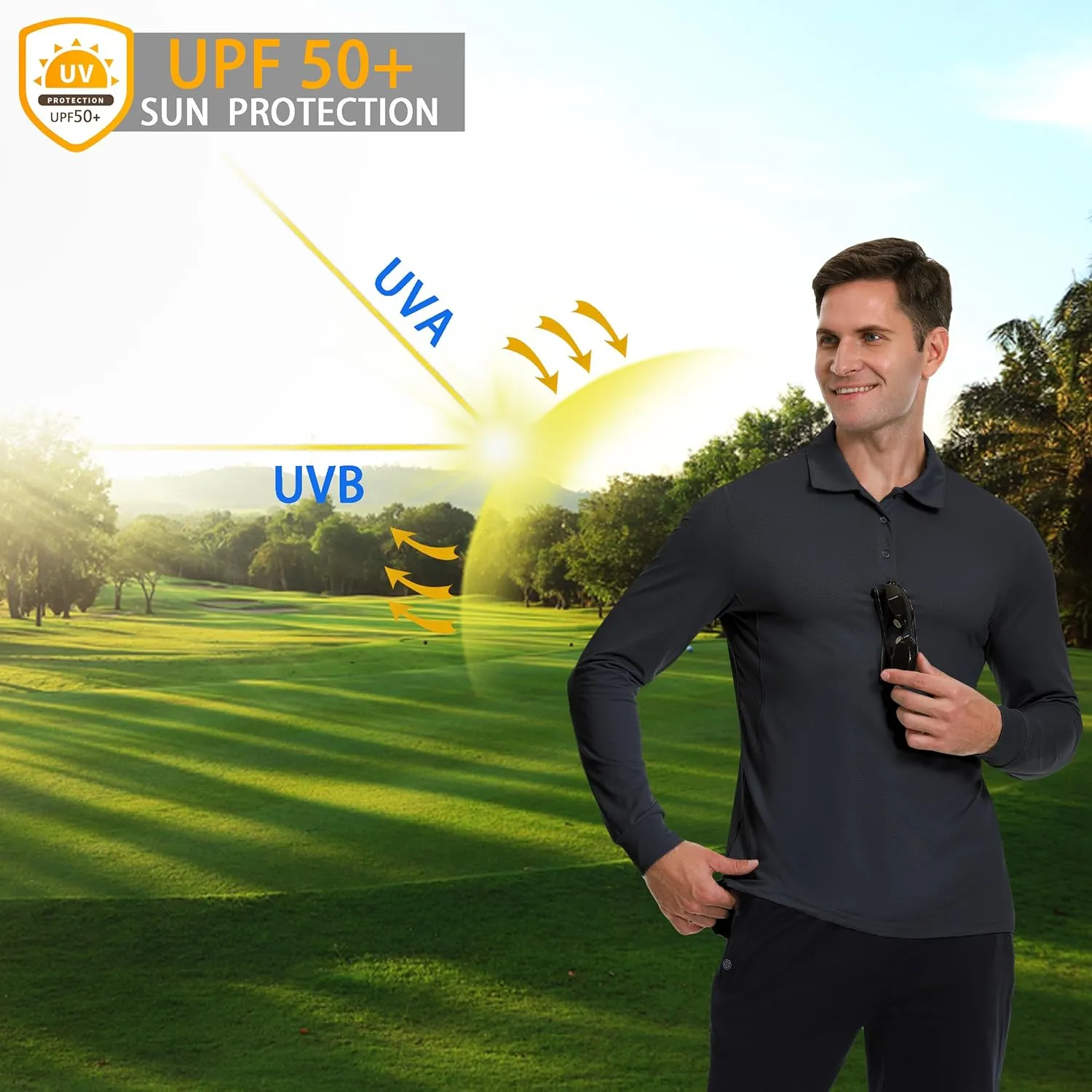 Men's Long Sleeve Golf Polo Shirts Casual Athletic Performance Dress Work Collar Shirts Lightweight Quick Dry UPF50