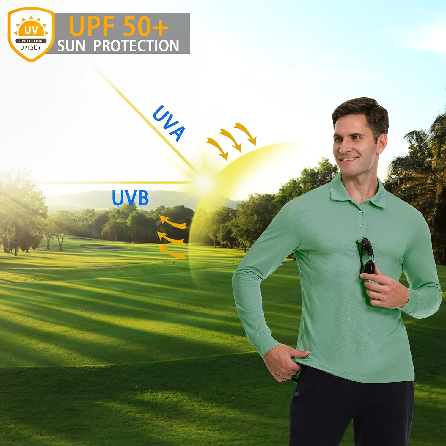 Men's Long Sleeve Golf Polo Shirts Casual Athletic Performance Dress Work Collar Shirts Lightweight Quick Dry UPF50