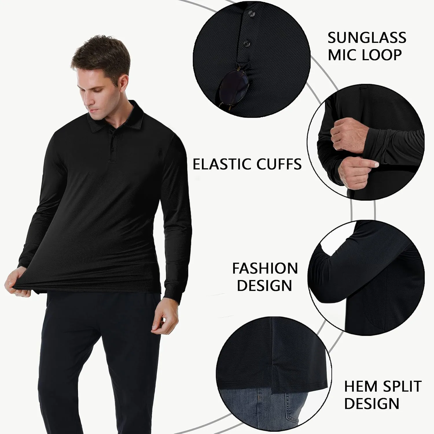 Men's Long Sleeve Golf Polo Shirts Casual Athletic Performance Dress Work Collar Shirts Lightweight Quick Dry UPF50