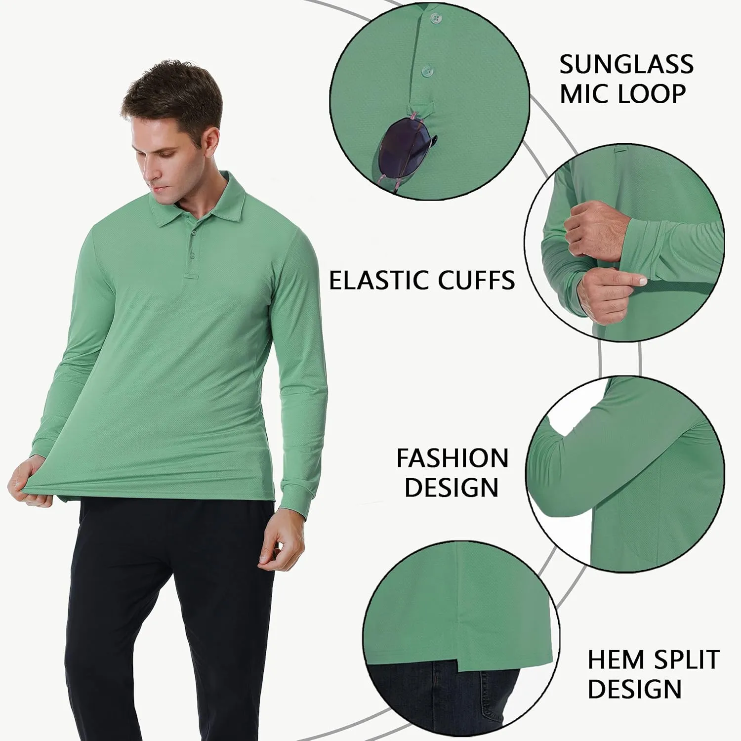 Men's Long Sleeve Golf Polo Shirts Casual Athletic Performance Dress Work Collar Shirts Lightweight Quick Dry UPF50
