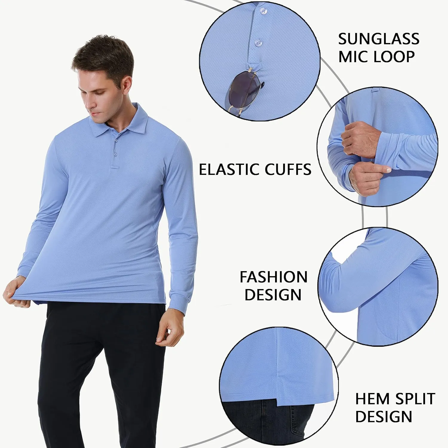 Men's Long Sleeve Golf Polo Shirts Casual Athletic Performance Dress Work Collar Shirts Lightweight Quick Dry UPF50