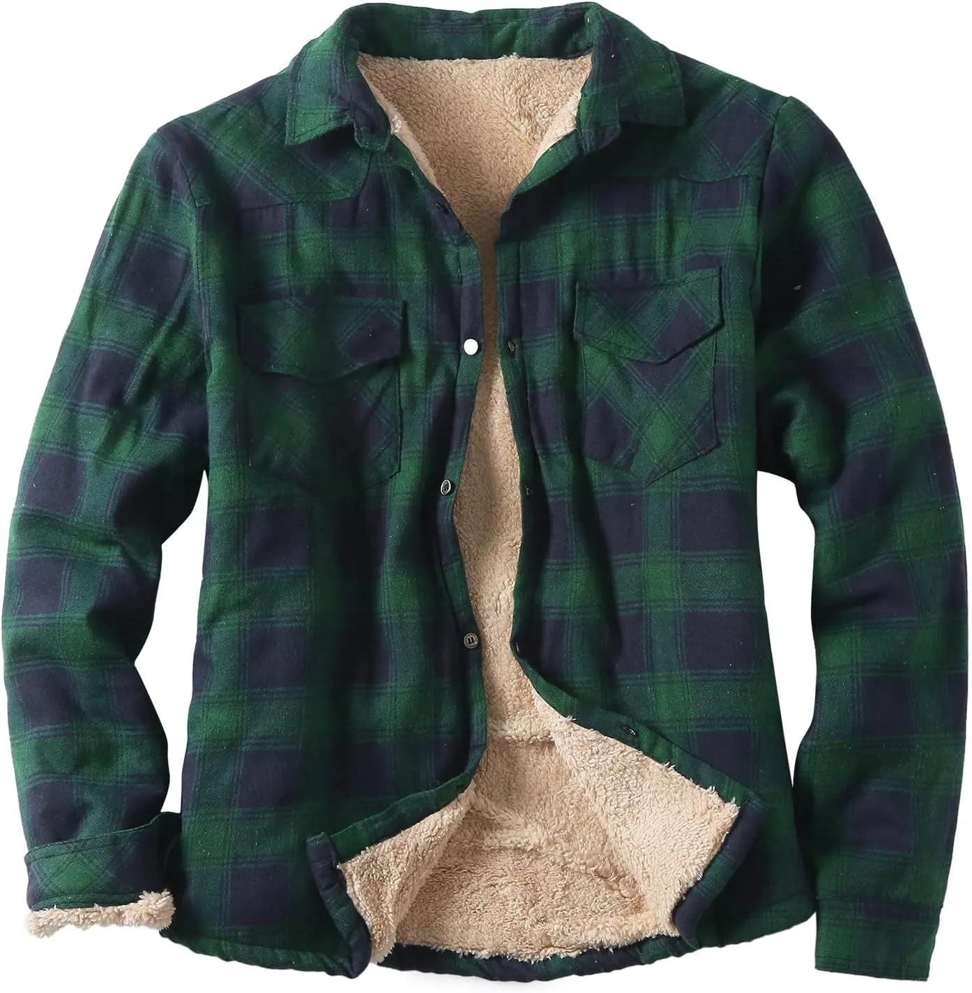 Mens Long Sleeve Sherpa Lined Flannel Shirt Jackets Thermal Quilted Lined Button Down Plaid Coats with Pockets