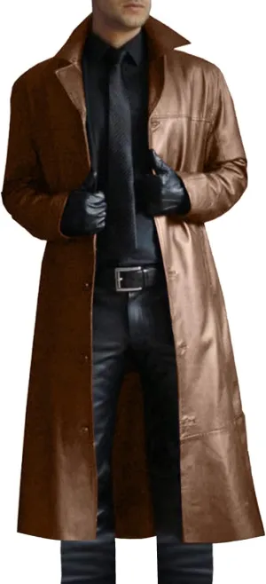 Mens Retro Leather Jacket Long Steampunk Overcoat Long Sleeve Open Front Cardigan Jacket Vintage Trench Coat