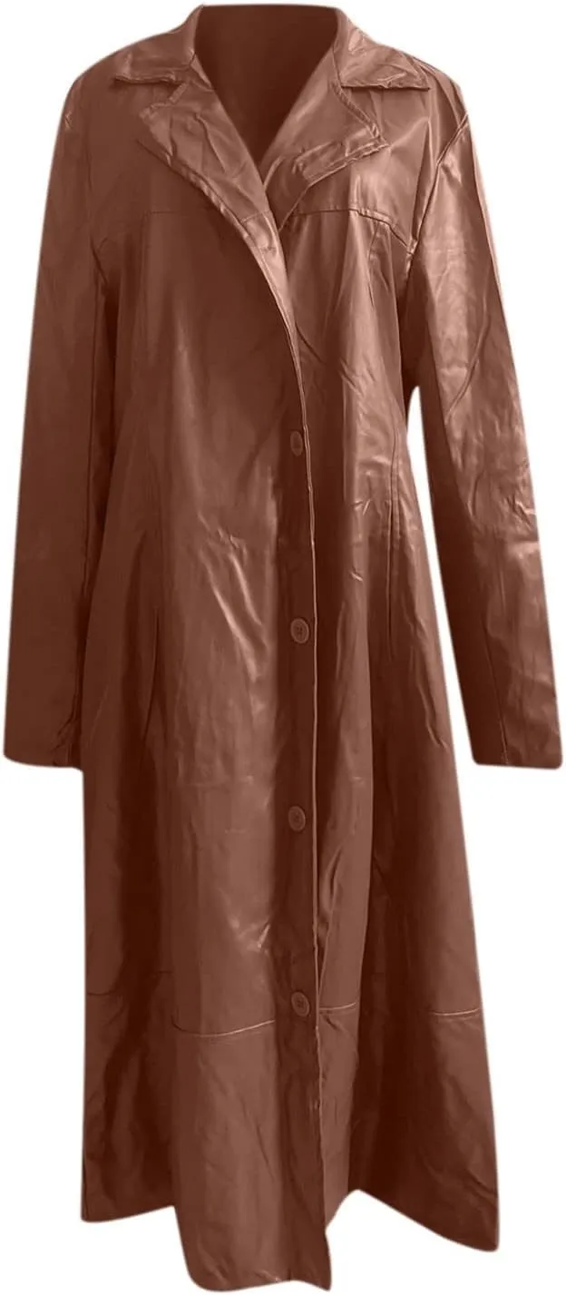 Mens Retro Leather Jacket Long Steampunk Overcoat Long Sleeve Open Front Cardigan Jacket Vintage Trench Coat