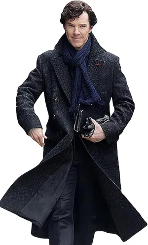 Men's Sherlock Holmes Benedict Cumberbatch Black Wool & Cotton Trench Coat Costume