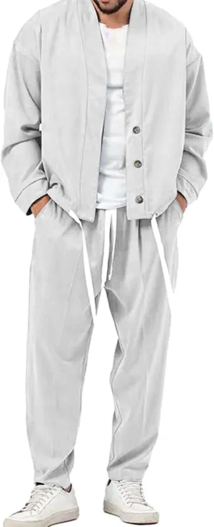 Mens Two Piece Outfits Sets Fall Buttoned Drawstring Open Front Cardigan and Casual Long Pants Loose Fit Jackets
