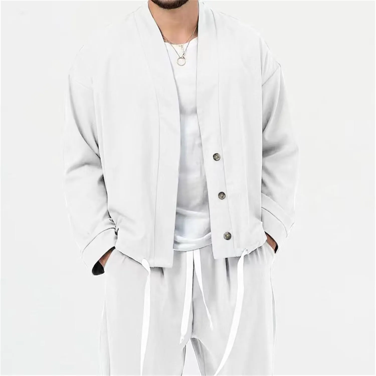 Mens Two Piece Outfits Sets Fall Buttoned Drawstring Open Front Cardigan and Casual Long Pants Loose Fit Jackets