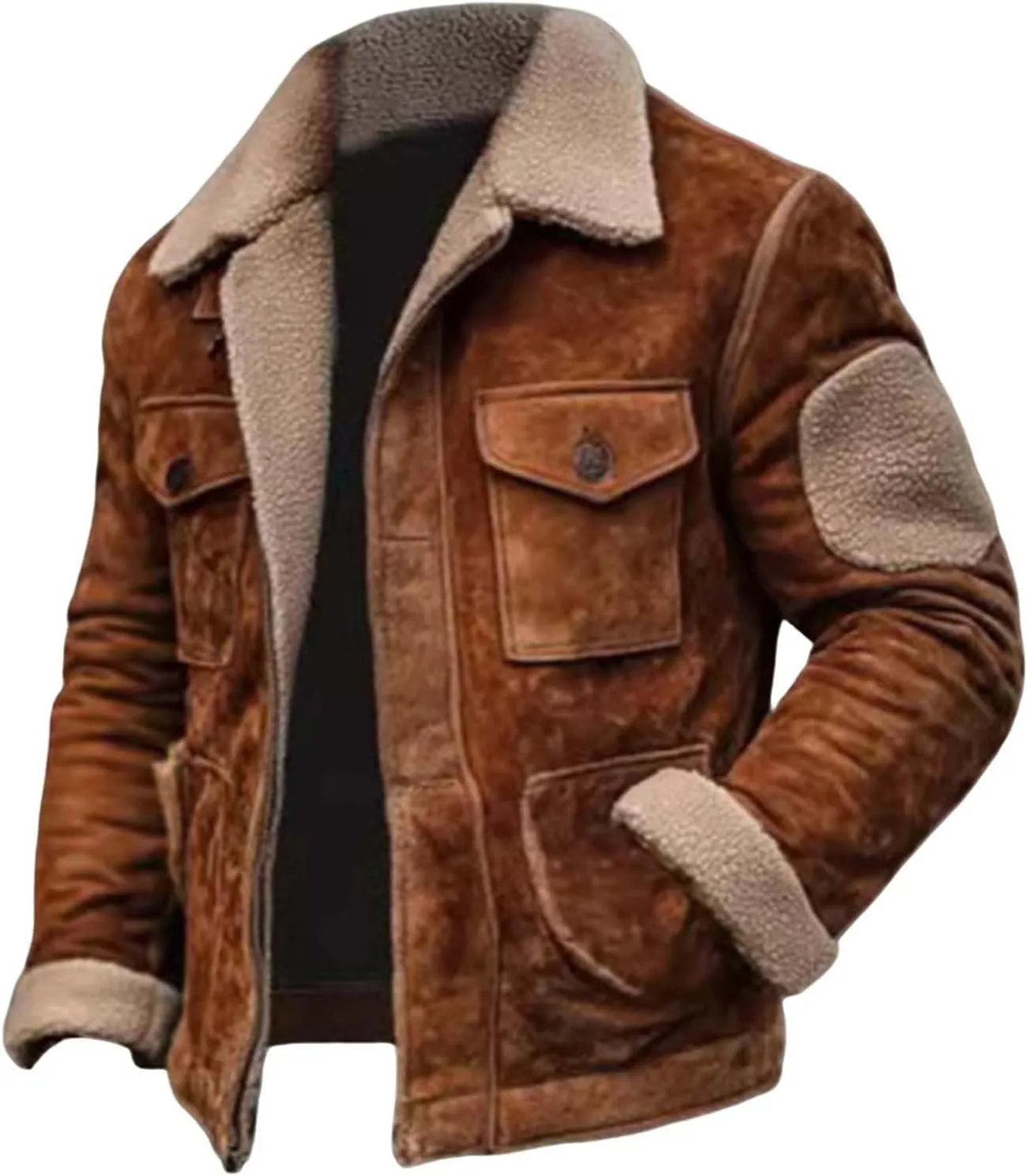 Mens Vintage Suede Leather Jacket, Sherpa Lined with Plush Reversed Collar and Pocket for Outdoor Wear