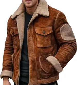 Mens Vintage Suede Leather Jacket, Sherpa Lined with Plush Reversed Collar and Pocket for Outdoor Wear