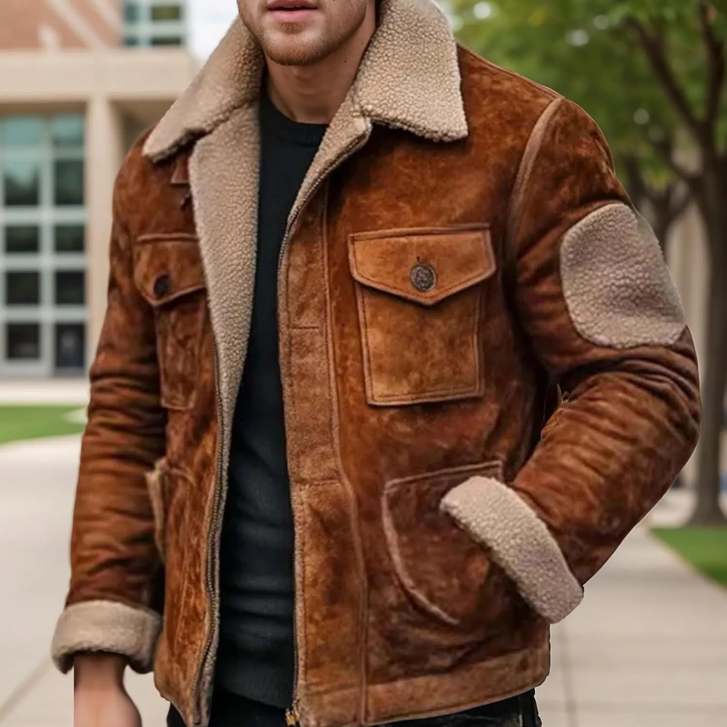 Mens Vintage Suede Leather Jacket, Sherpa Lined with Plush Reversed Collar and Pocket for Outdoor Wear