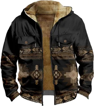 Mens Western Fleece Lined Jacket Cowboy Bull Head Print Hooded Full Zip Winter Coats Thicken Warm Jackets with Pocket