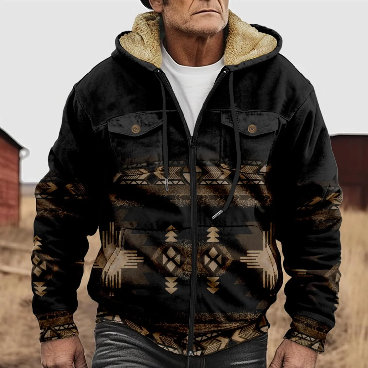 Mens Western Fleece Lined Jacket Cowboy Bull Head Print Hooded Full Zip Winter Coats Thicken Warm Jackets with Pocket