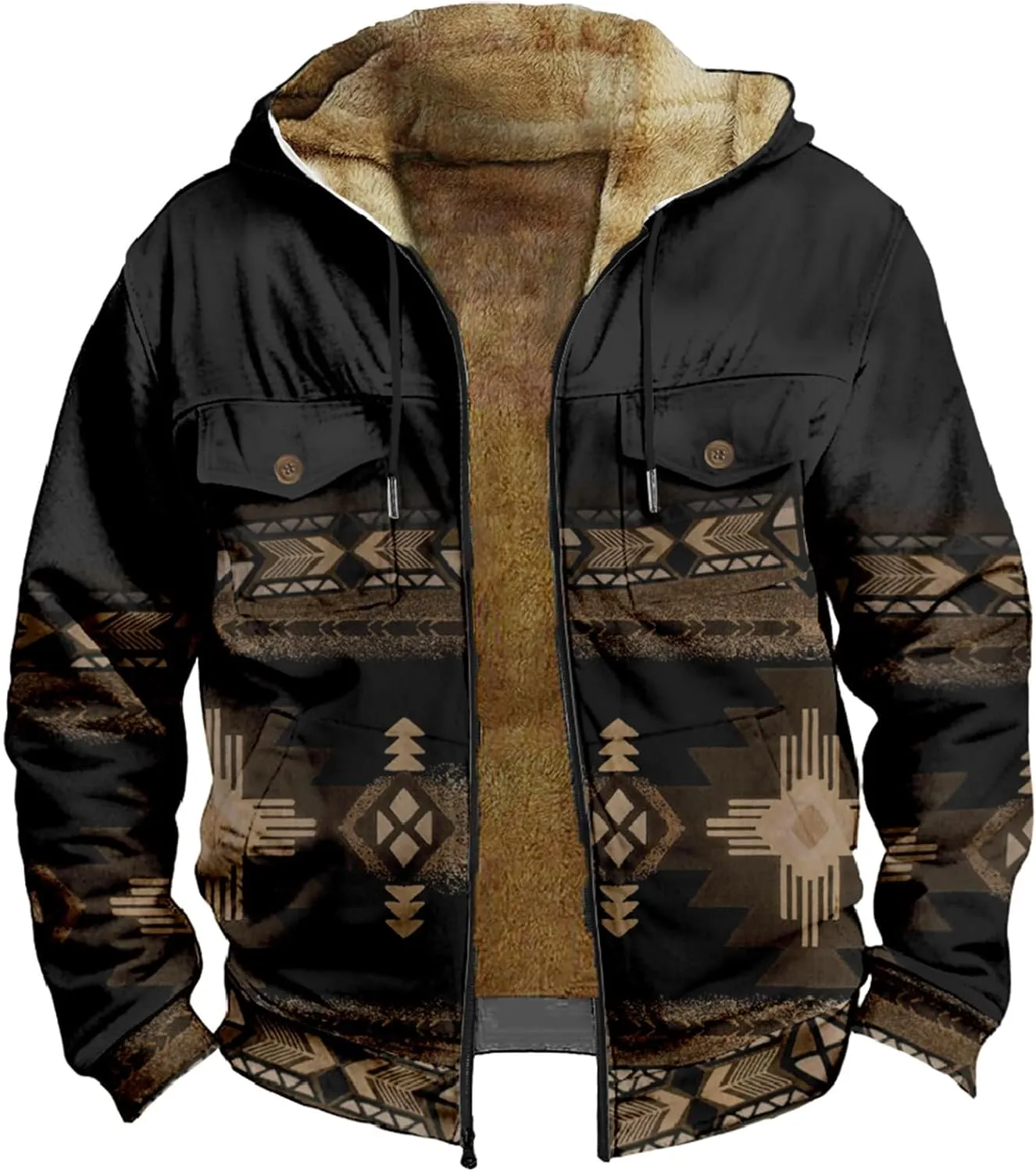 Mens Western Fleece Lined Jacket Cowboy Bull Head Print Hooded Full Zip Winter Coats Thicken Warm Jackets with Pocket