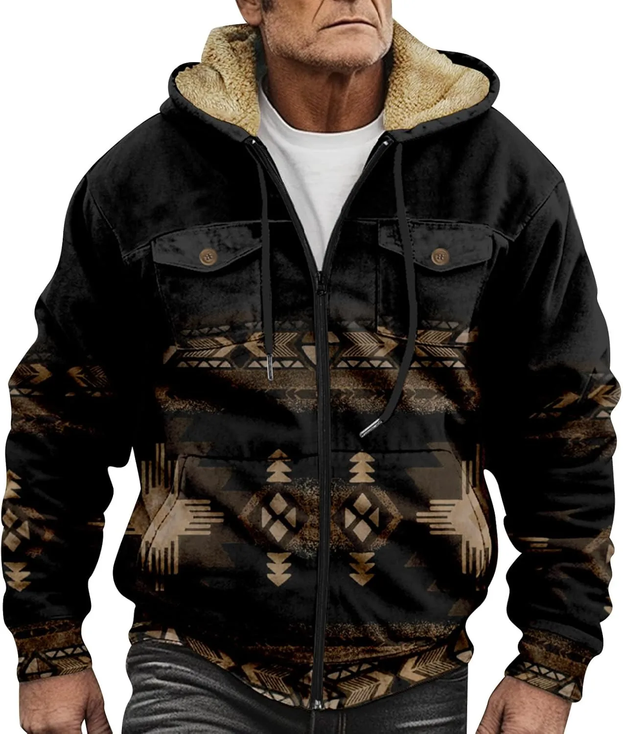 Mens Western Fleece Lined Jacket Cowboy Bull Head Print Hooded Full Zip Winter Coats Thicken Warm Jackets with Pocket