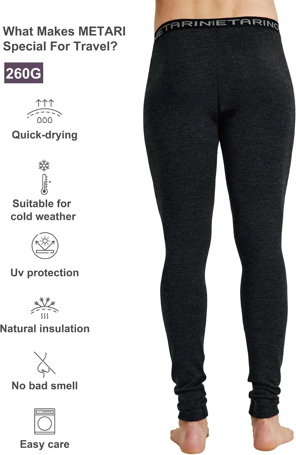 METARINO 100% Merino Wool Base Layer Men Pants -Midweight Thermal Underwear Bottoms for Skiing,Hiking,Cycling,Sports
