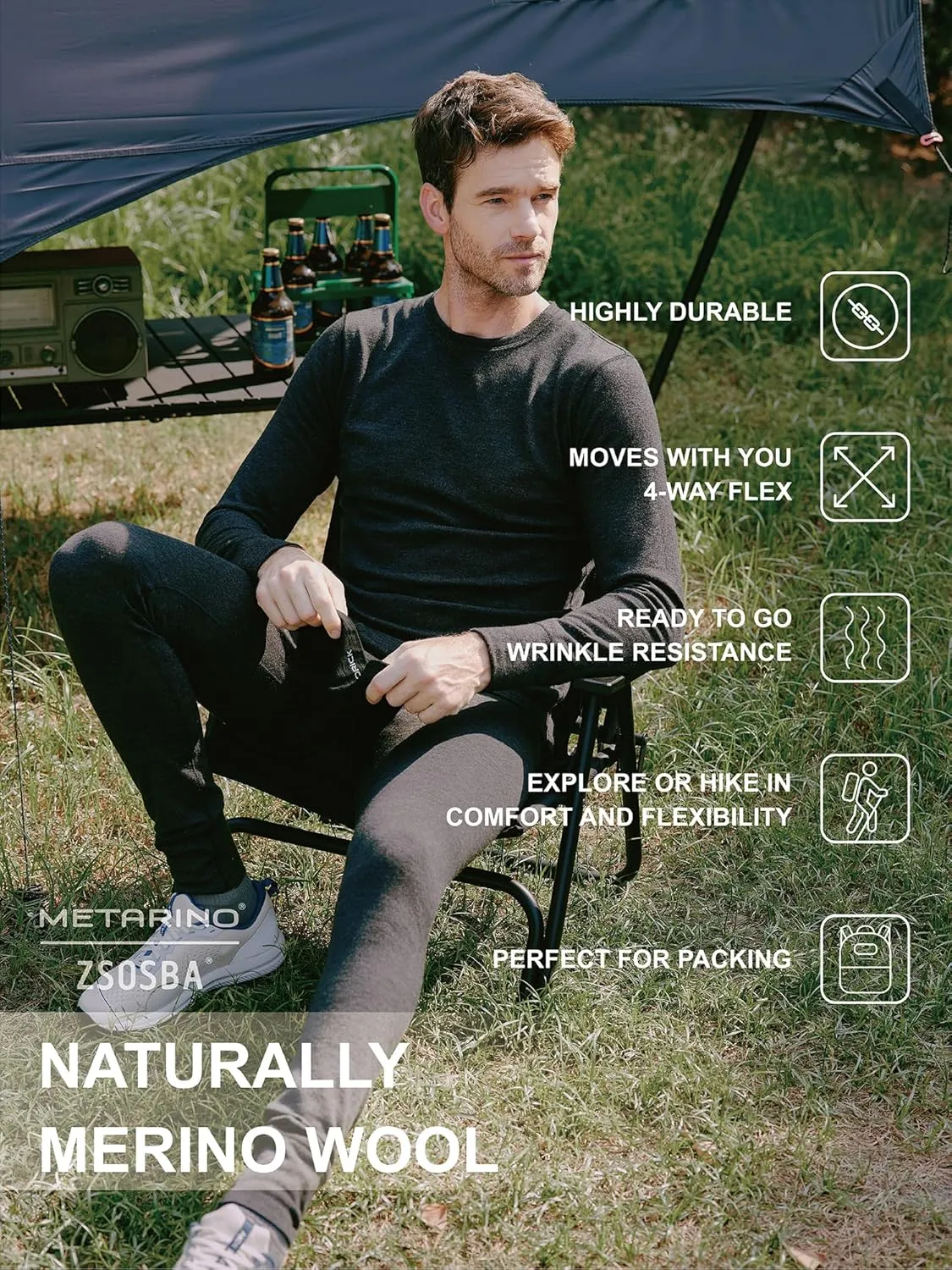 METARINO 100% Merino Wool Base Layer Men Pants -Midweight Thermal Underwear Bottoms for Skiing,Hiking,Cycling,Sports