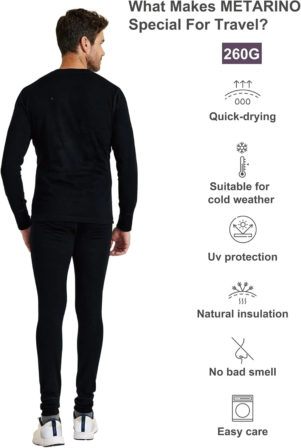 METARINO Men's 100% Merino Wool Base Layer Set Thermal Underwear Casual Top,Bottom for Hiking Travel Skiing