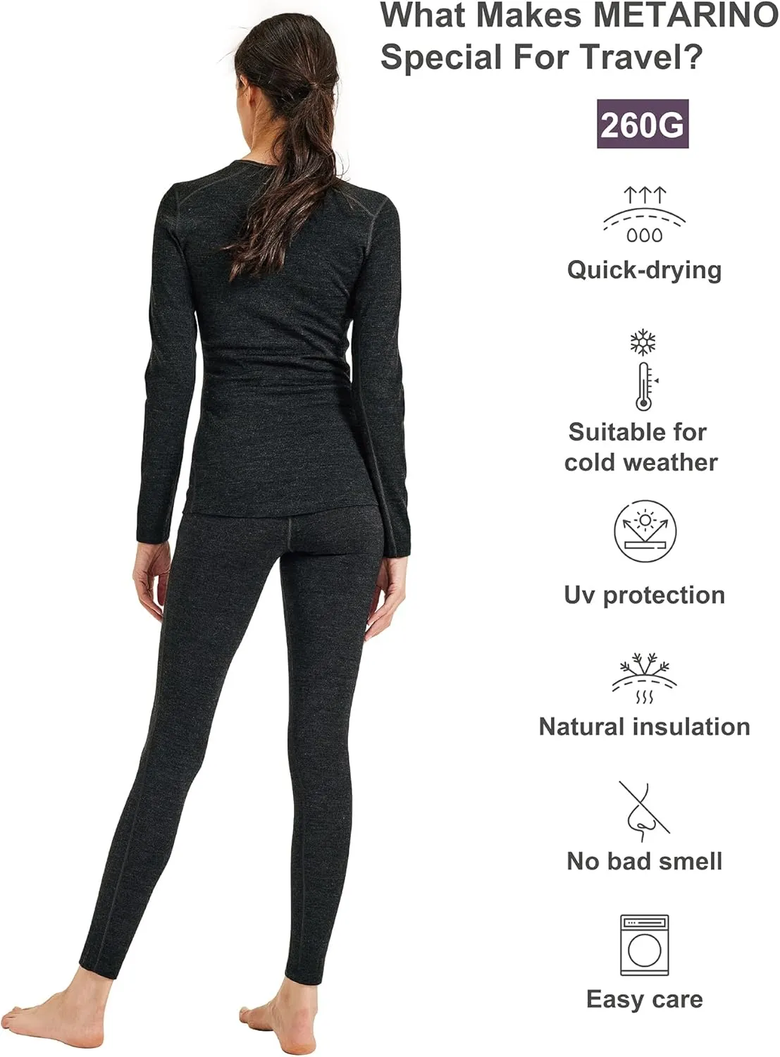 METARINO Women 100% Merino Wool Base Layer Set Thermal Underwear Casual Top,Bottom for Hiking Travel Skiing