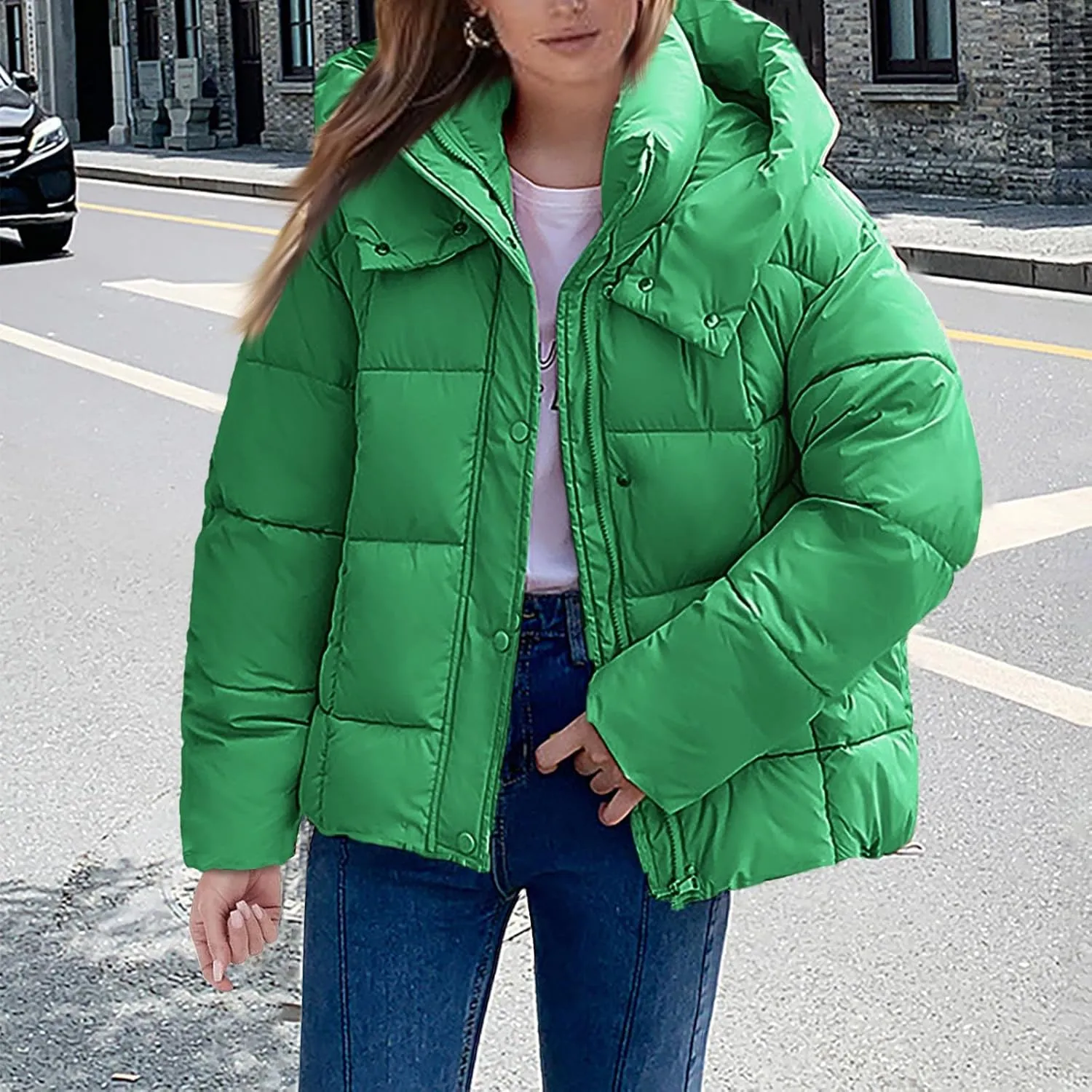 Mmoneyake Womens Hooded Quilted Puffer Jacket Full Zip Baggy Short Down Coats Padded Warm Winter Heavyweight Coat Outerwear