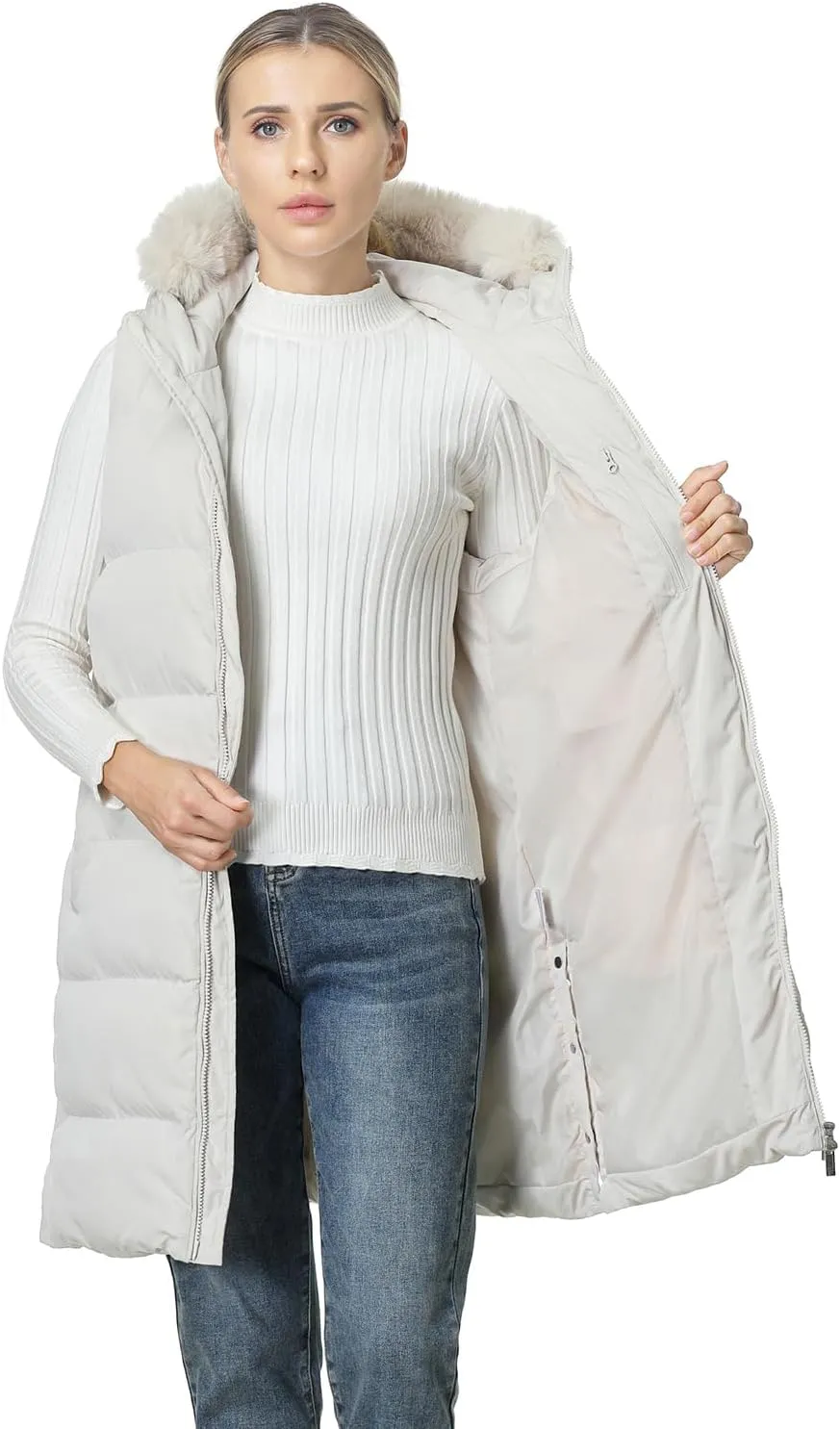 MOERDENG Women's Waterproof Long Puffer Vest Sleeveless Warm Winter Coat Down Alternative Outerwear Hooded Jaclet