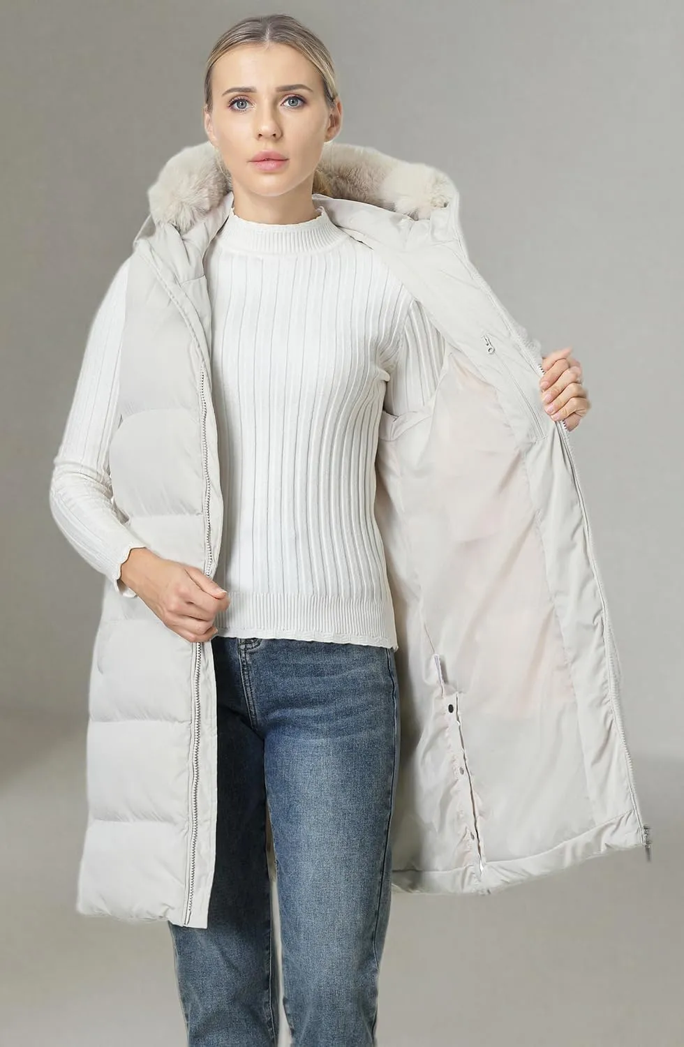 MOERDENG Women's Waterproof Long Puffer Vest Sleeveless Warm Winter Coat Down Alternative Outerwear Hooded Jaclet