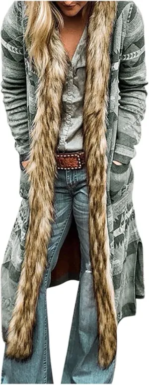 Plus Size Overcoat with Fur Hood Winter Coats for Women Windproof Outerwear Furry Jackets Ethnic Style Trench Coat