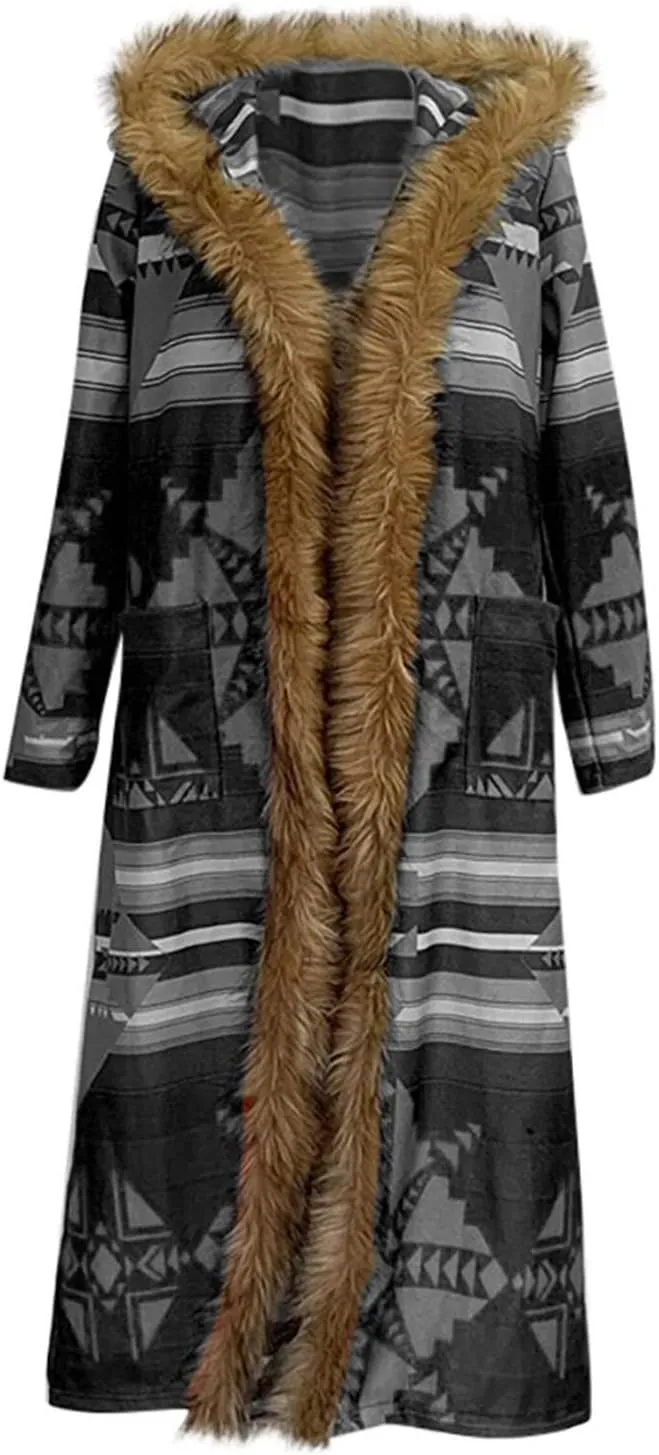 Plus Size Overcoat with Fur Hood Winter Coats for Women Windproof Outerwear Furry Jackets Ethnic Style Trench Coat