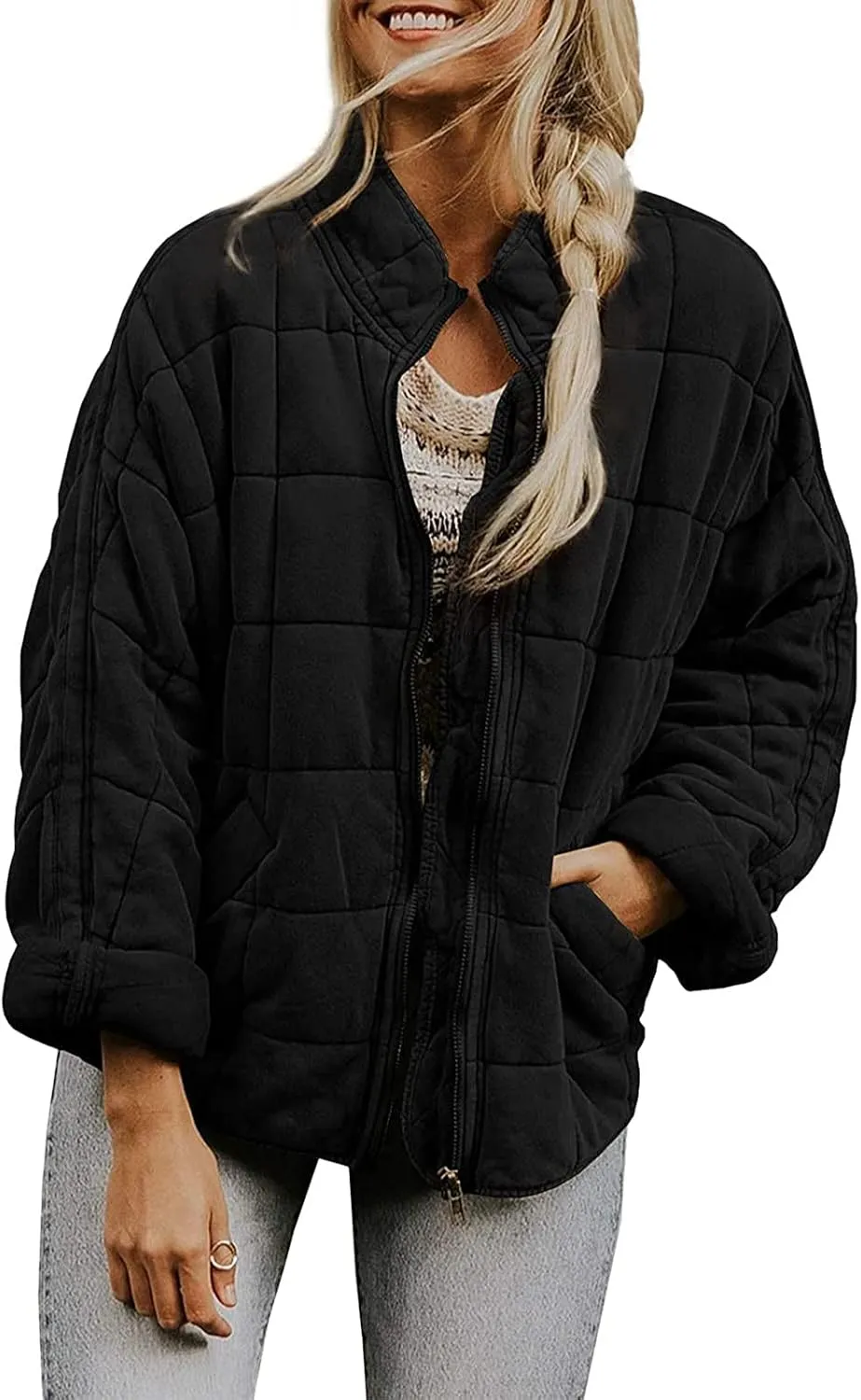 Quilted Jackets for Women Zip Up Plus Size Long Sleeve Coat Lightweight Puffer Jackets Loose Fit Winter Warm Outwear