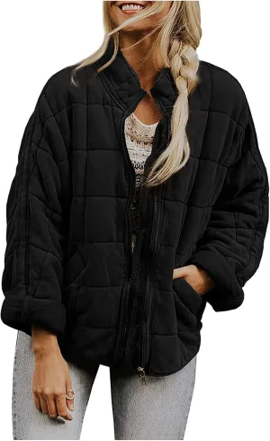 Quilted Jackets for Women Zip Up Plus Size Long Sleeve Coat Lightweight Puffer Jackets Loose Fit Winter Warm Outwear