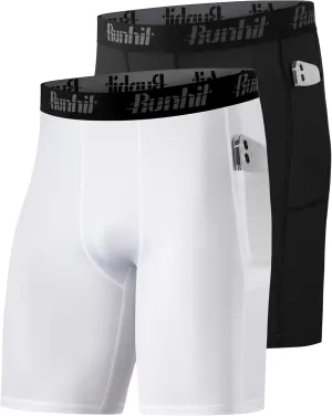 Runhit 2 Pack Mens Compression Shorts with Pocket, Spandex Athletic Workout Shorts, Performance Underwear for Running