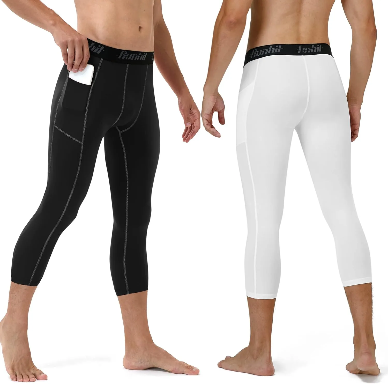 Runhit 3/4 Men's Compression Pants with Pockets,Workout Athletic Tights Leggings Athletic Base Layer Underwear