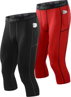 Runhit 3/4 Men's Compression Pants with Pockets,Workout Athletic Tights Leggings Athletic Base Layer Underwear