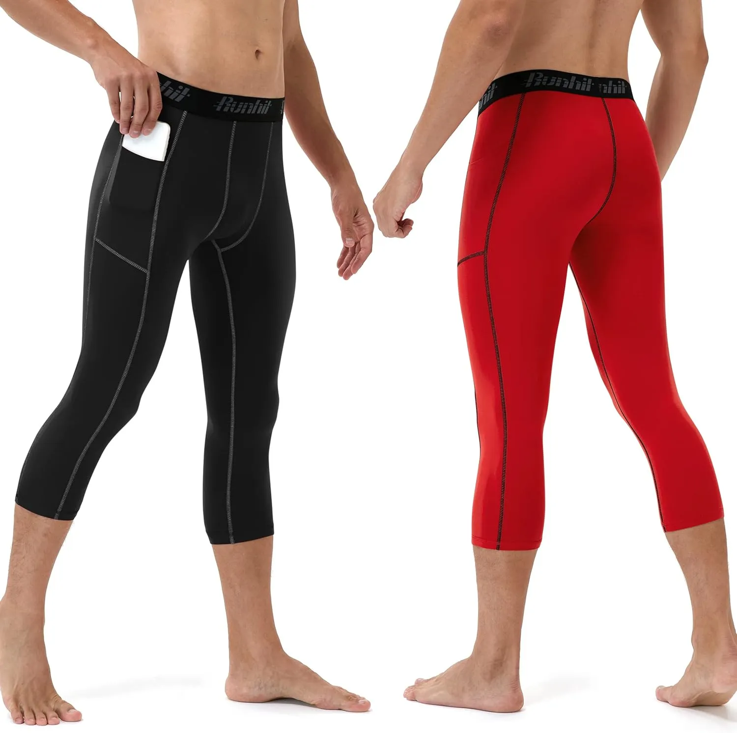 Runhit 3/4 Men's Compression Pants with Pockets,Workout Athletic Tights Leggings Athletic Base Layer Underwear