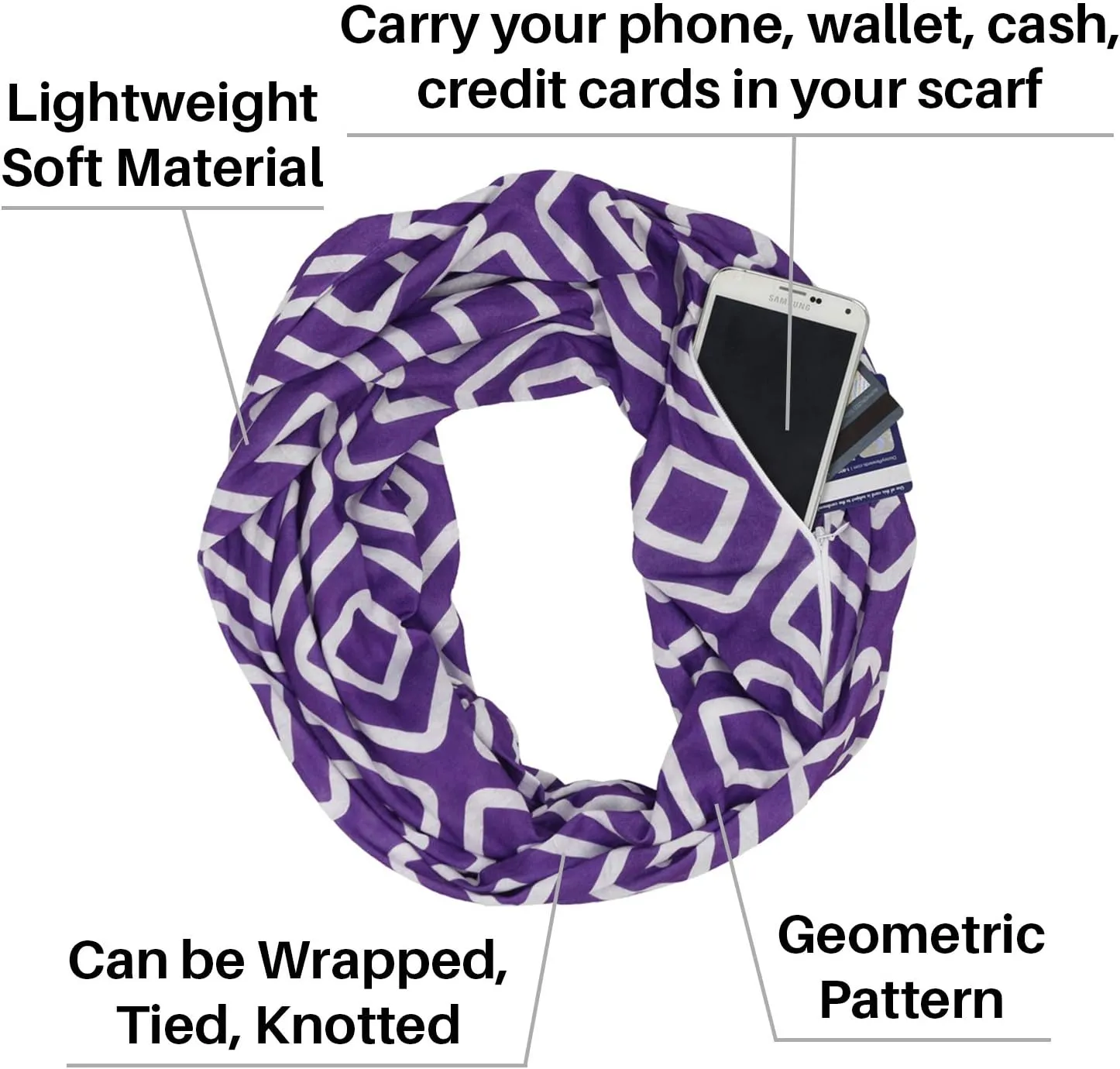 Shop Women's Infinity Scarf with Zipper Pocket, Geometric Pattern