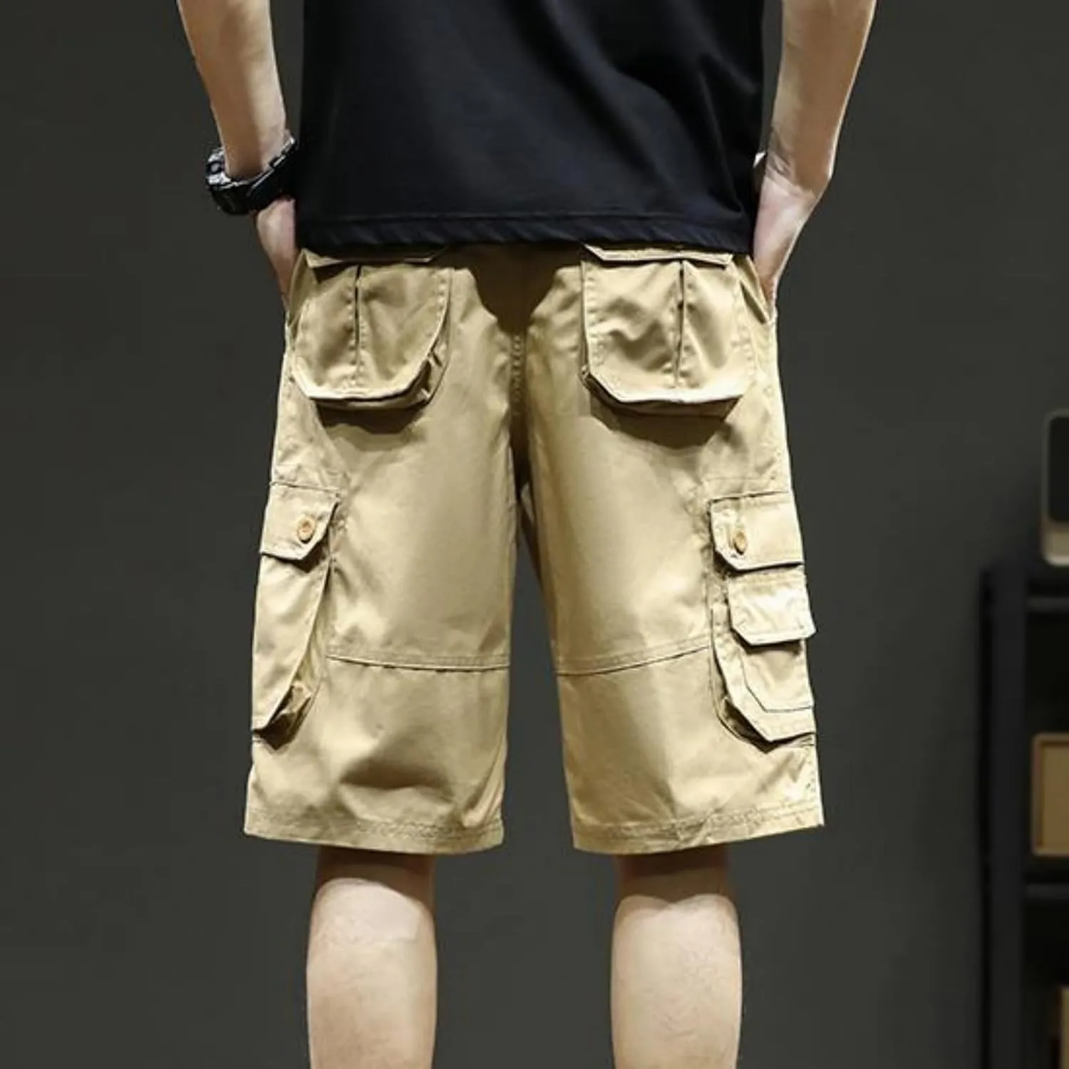 Sinzelimin Men's Cargo Shorts Fashion Solid Color Multiple Pockets Loose Comfy Knee Length Work Short Pants 5'' Sweatpant