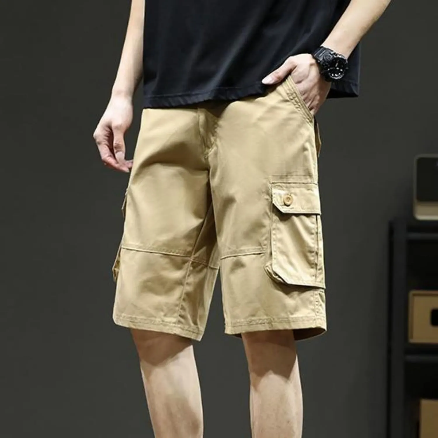 Sinzelimin Men's Cargo Shorts Fashion Solid Color Multiple Pockets Loose Comfy Knee Length Work Short Pants 5'' Sweatpant