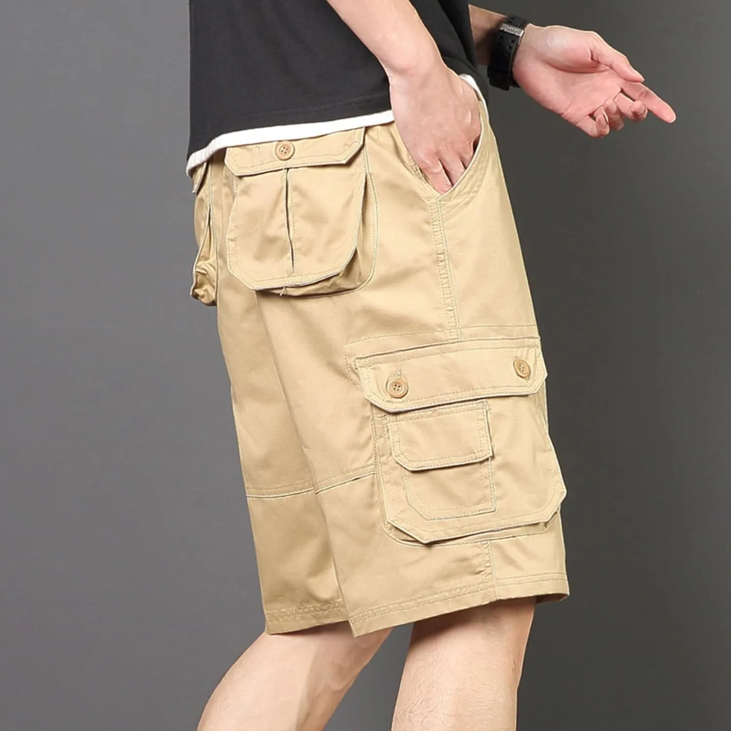 Sinzelimin Men's Cargo Shorts Fashion Solid Color Multiple Pockets Loose Comfy Knee Length Work Short Pants 5'' Sweatpant