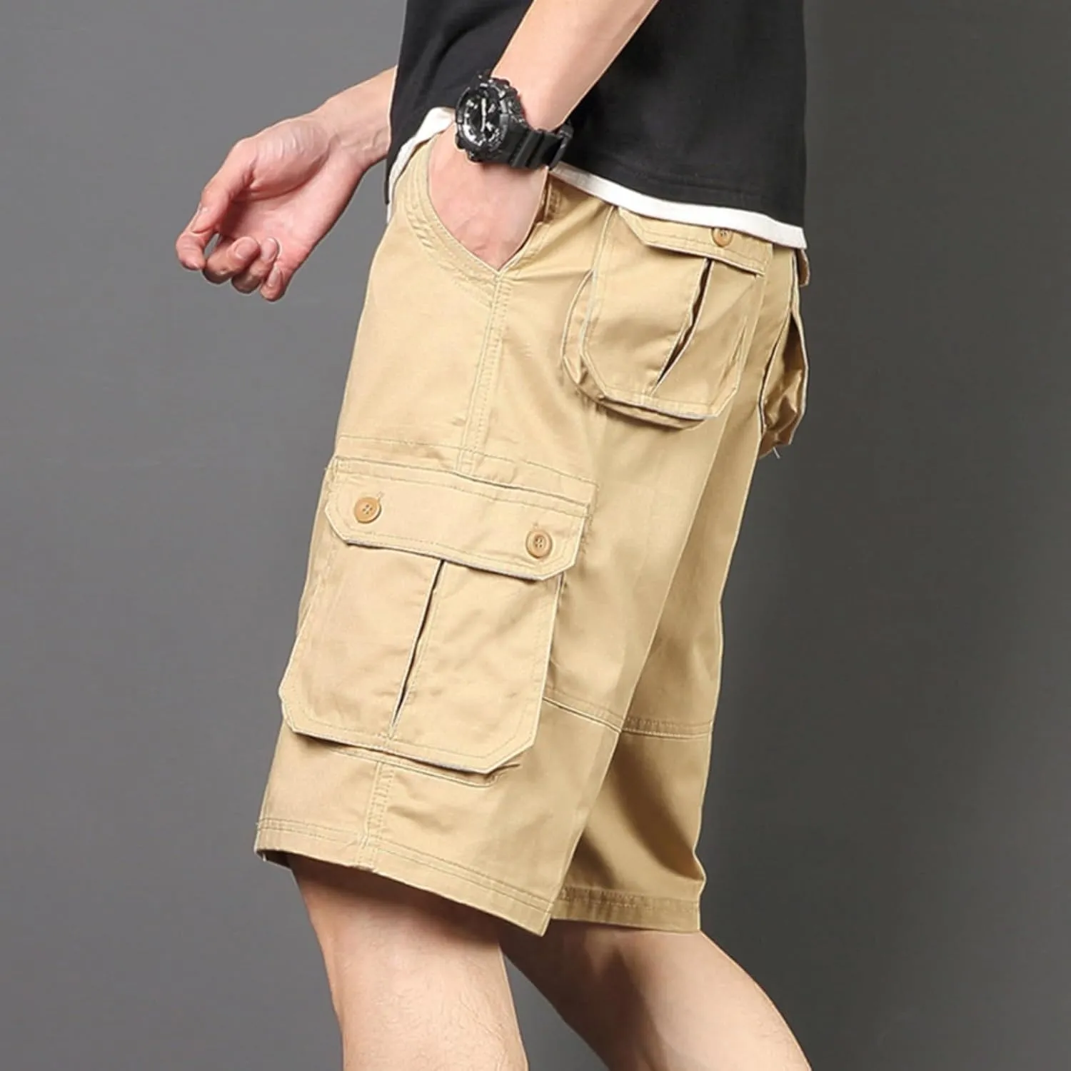 Sinzelimin Men's Cargo Shorts Fashion Solid Color Multiple Pockets Loose Comfy Knee Length Work Short Pants 5'' Sweatpant