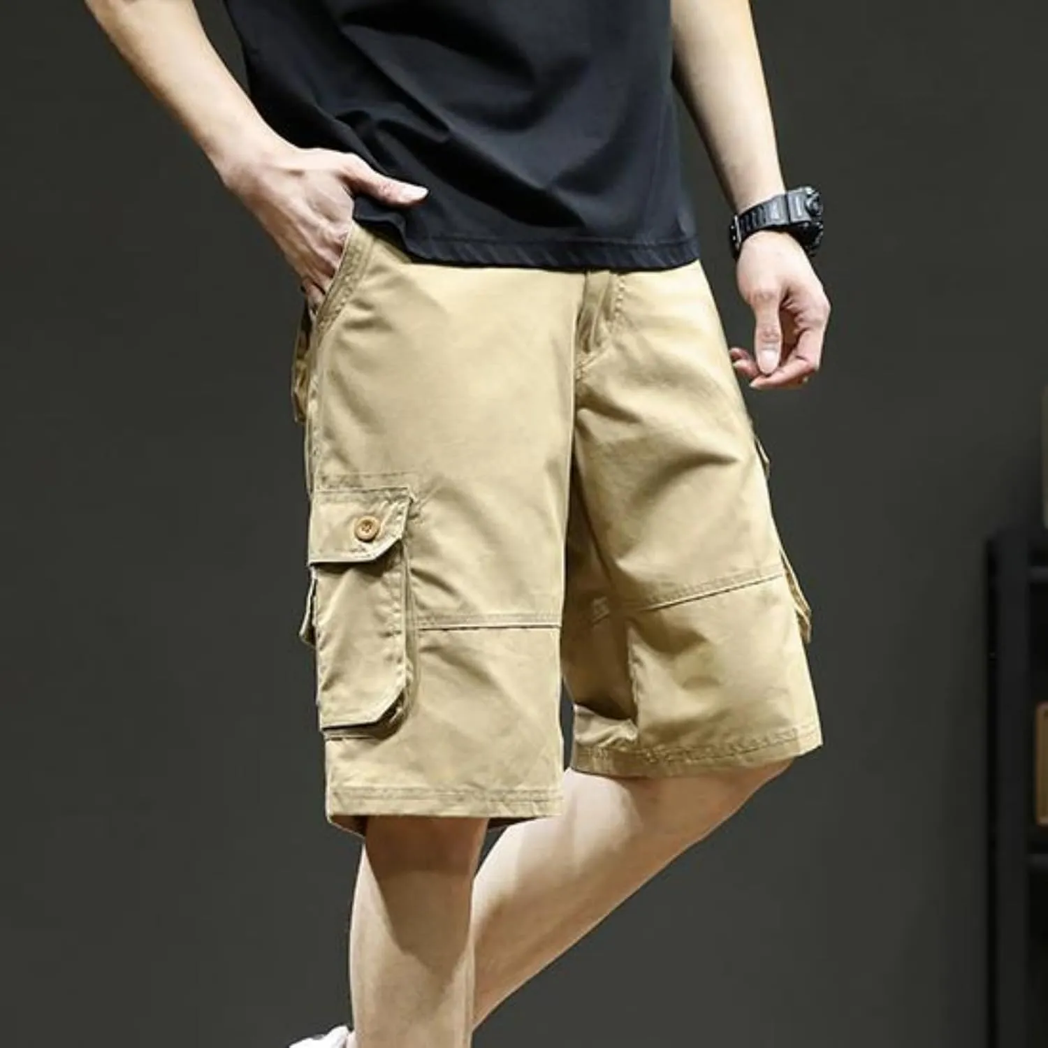 Sinzelimin Men's Cargo Shorts Fashion Solid Color Multiple Pockets Loose Comfy Knee Length Work Short Pants 5'' Sweatpant