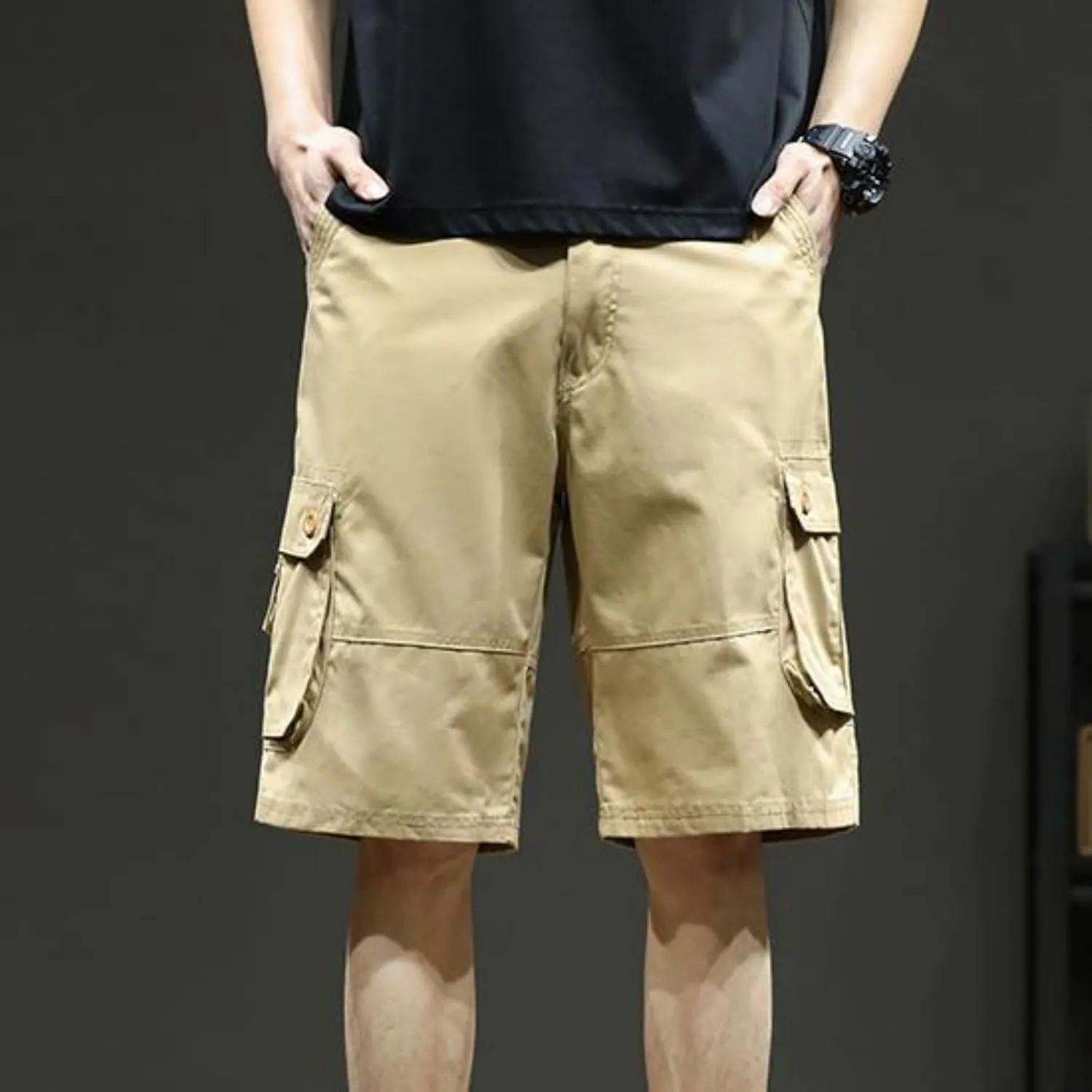 Sinzelimin Men's Cargo Shorts Fashion Solid Color Multiple Pockets Loose Comfy Knee Length Work Short Pants 5'' Sweatpant