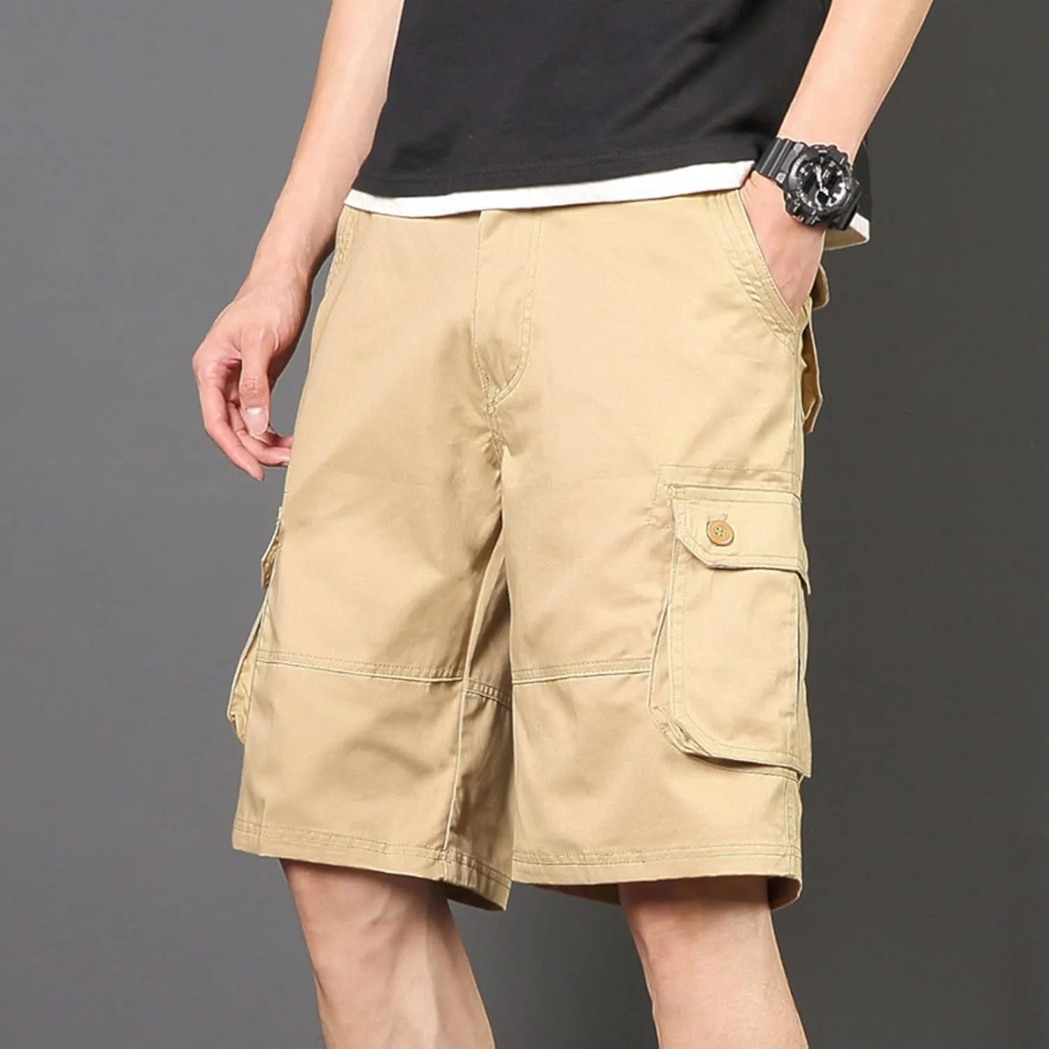 Sinzelimin Men's Cargo Shorts Fashion Solid Color Multiple Pockets Loose Comfy Knee Length Work Short Pants 5'' Sweatpant