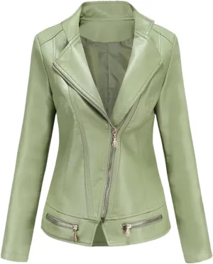 Spring Autumn Women Faux Leather Jacket, Long Sleeves Motorcycle Coat For Women, Moto Biker Zipper Jacket
