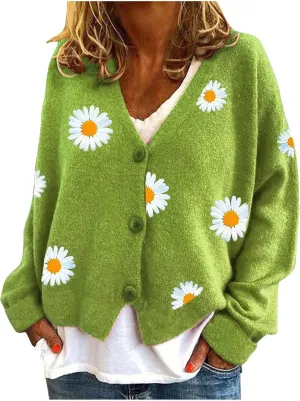 Stessotudo Womens Casual Daisy Print Cardigan Cable Knit Button Down Chunky Sweaters Long Sleeve Winter Cute Outerwear 2023