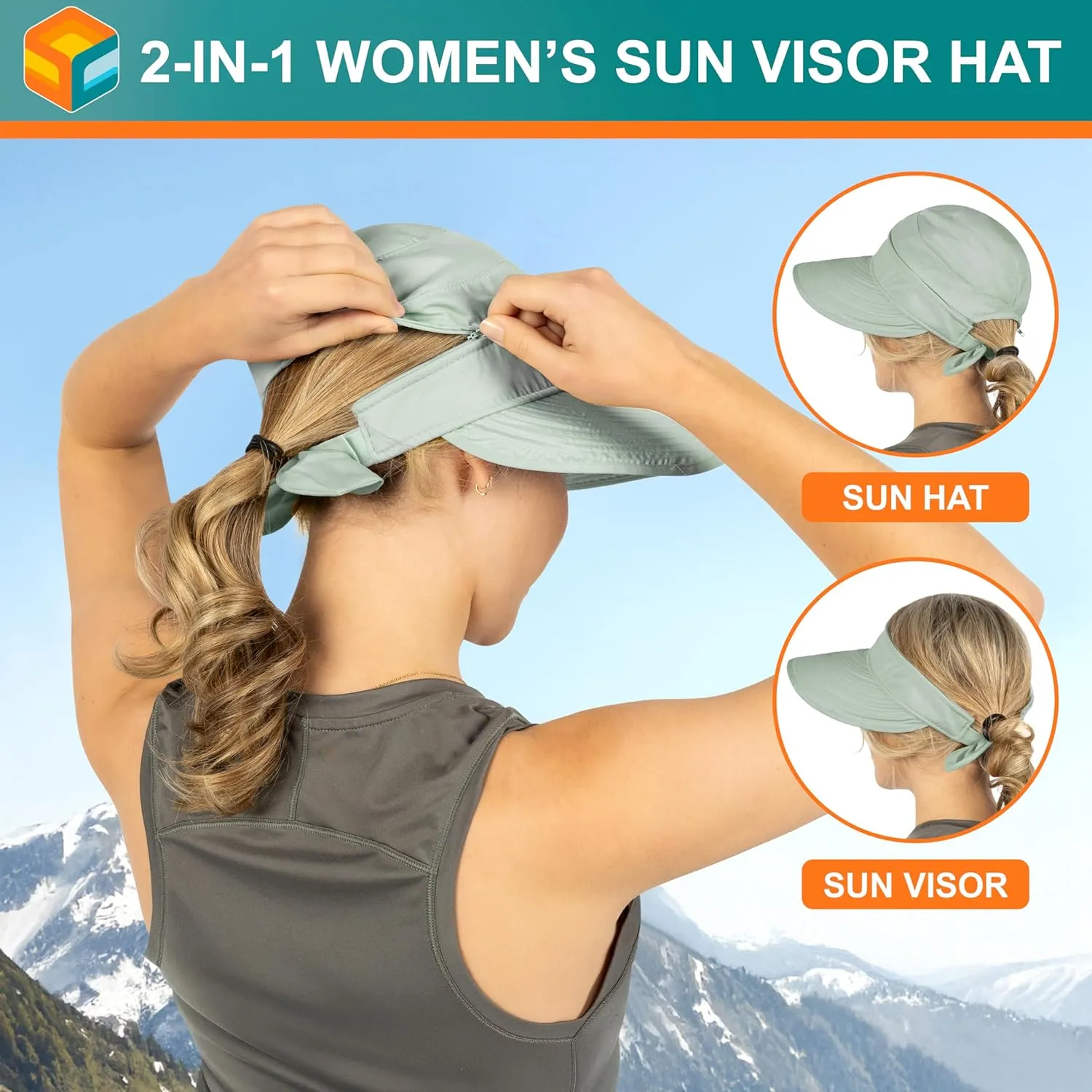 SUN CUBE Women Sun Hat for Outdoor UV Protection, Wide Brim Sun Hat Ponytail, Convertible Zip-Off Beach Hat Visor