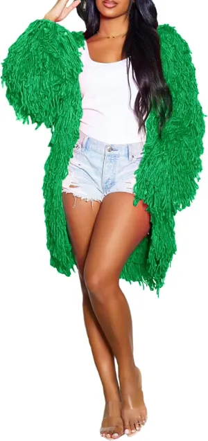 Tcremisa Women's Open Front Crochet Cardigans Long Sleeve Chunky Cable Knit Fringe Sweater Coats for Winter