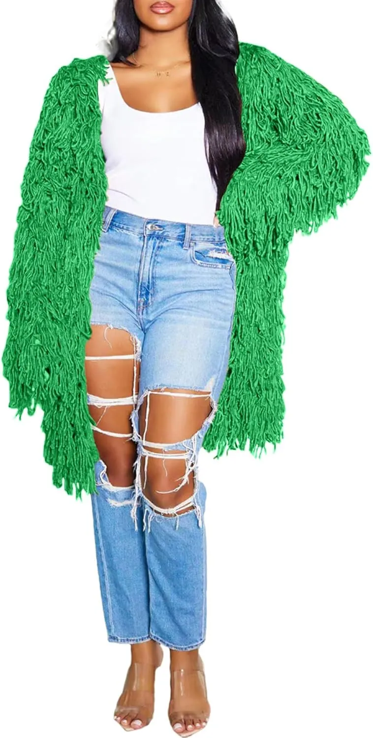 Tcremisa Women's Open Front Crochet Cardigans Long Sleeve Chunky Cable Knit Fringe Sweater Coats for Winter