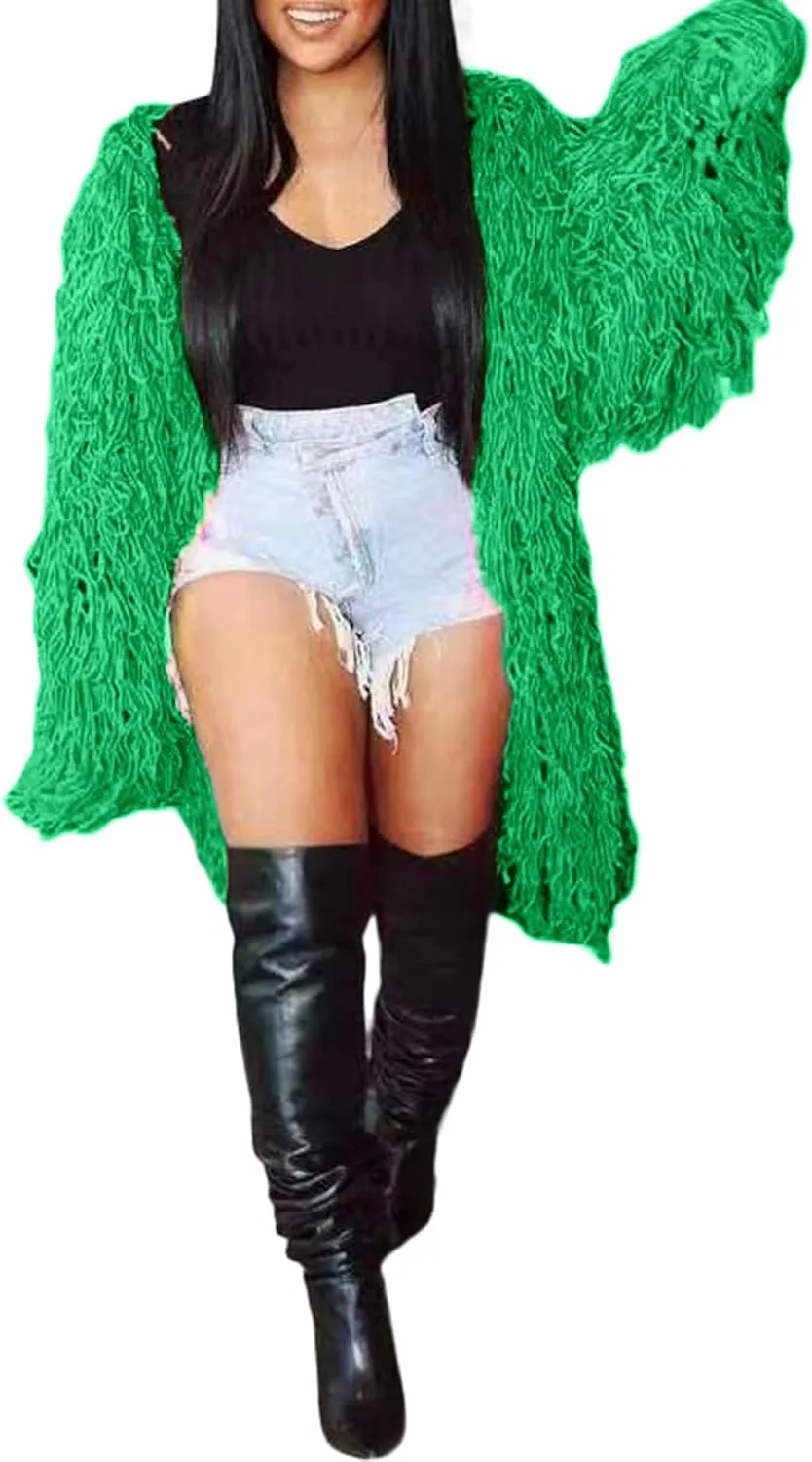 Tcremisa Women's Open Front Crochet Cardigans Long Sleeve Chunky Cable Knit Fringe Sweater Coats for Winter